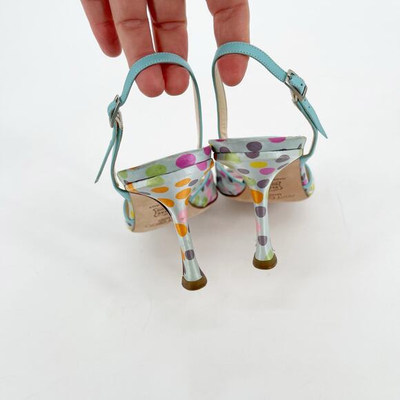 Vintage Y2K Jimmy Choo Multicolor Polka Dot Satin Slingback Peep Toe Heels IT 37 - Picture 8 of 10